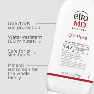 EltaMD SPF 47 sunscreen bottle and benefits