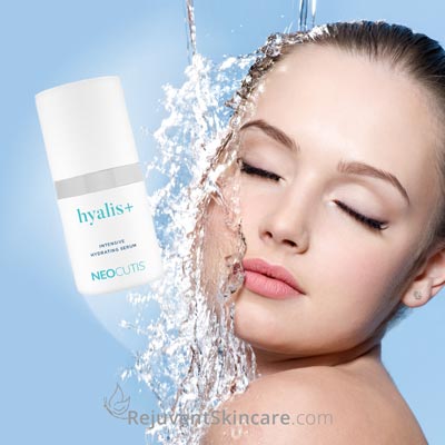Model and bottle of Hyalis+ with water to depict moisture
