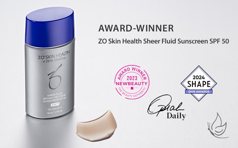 Award-winner ZO Skin Health Sheer Fluid Sunscreen SPF 50 bottle and seals from NewBeauty, Shape and Oprah Daily.