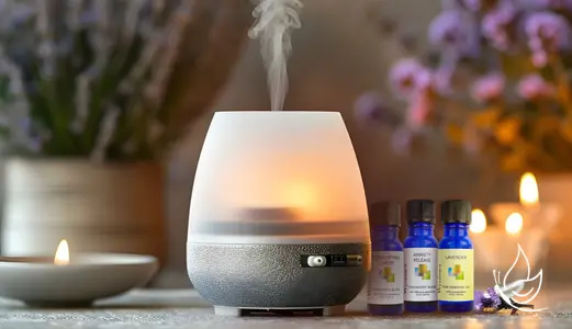 Wyndmere Products shows three aromatherapy blue bottles and a diffuser