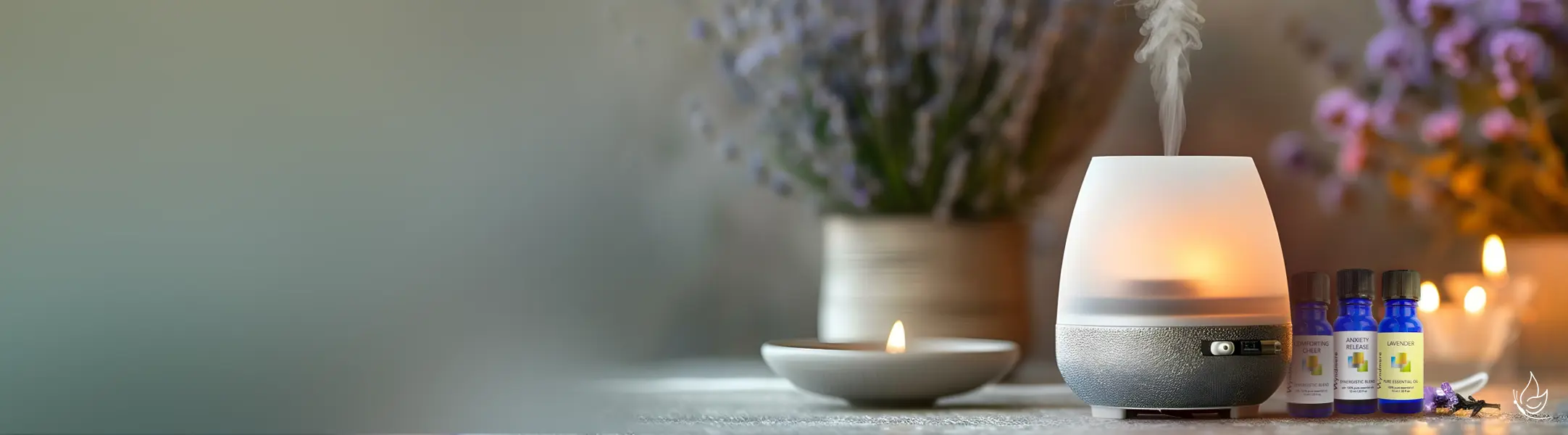 Wyndmere Products shows three aromatherapy blue bottles and a diffuser