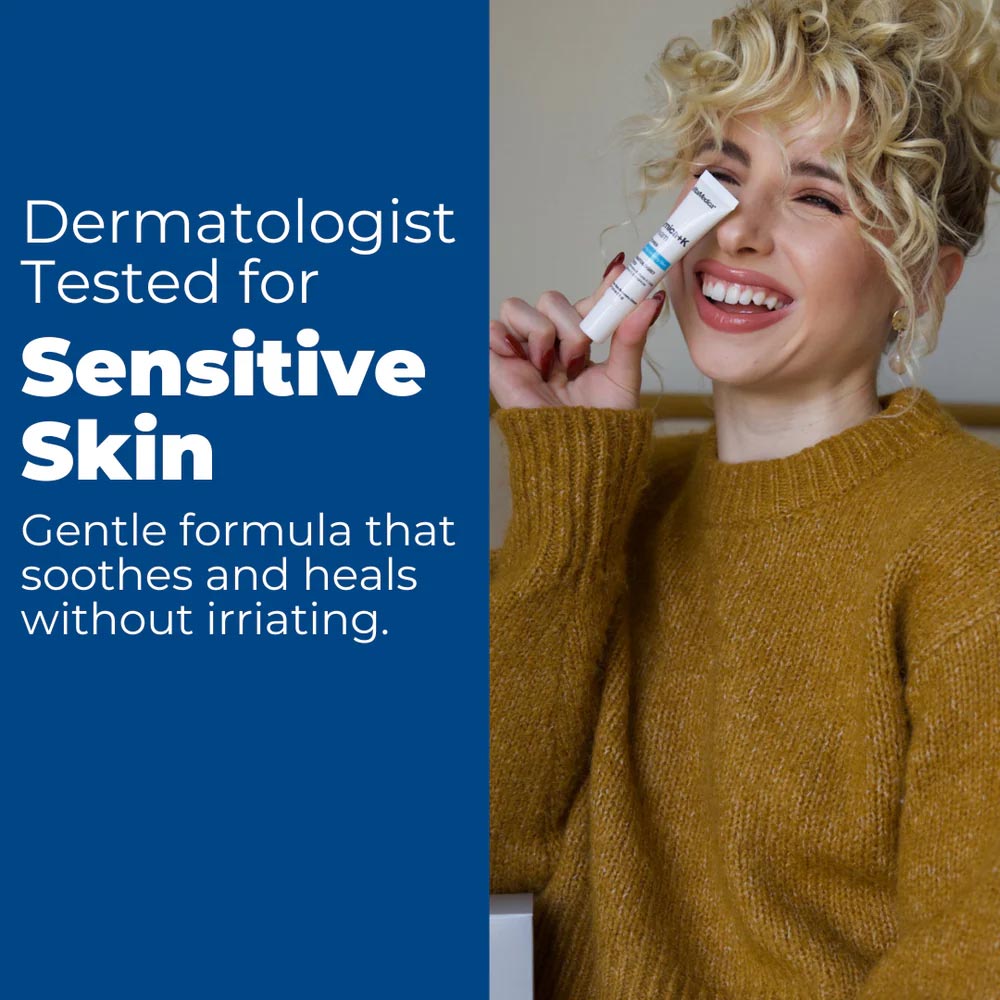 VitaMedica Arnica + Vitamin K Cream model and words saying safe doe sensitive skin