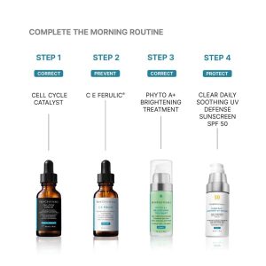SkinCeuticals Clear Daily Soothing UV Sunscreen suggested regimen with Cell Catalyst, C E Ferulic, Phyto-A Brightening Treatment